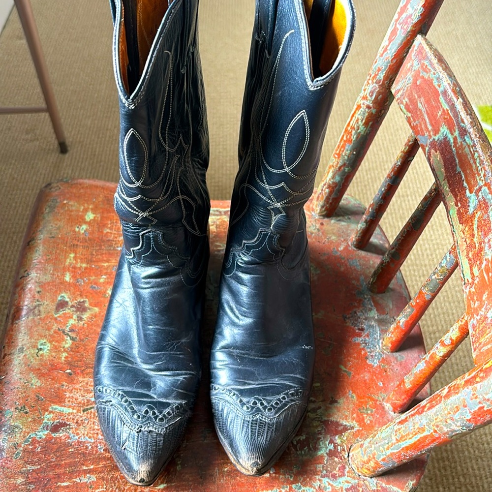 Vintage 70’s my favorite cowboy blk leather Justin boots w/snakeskin toes